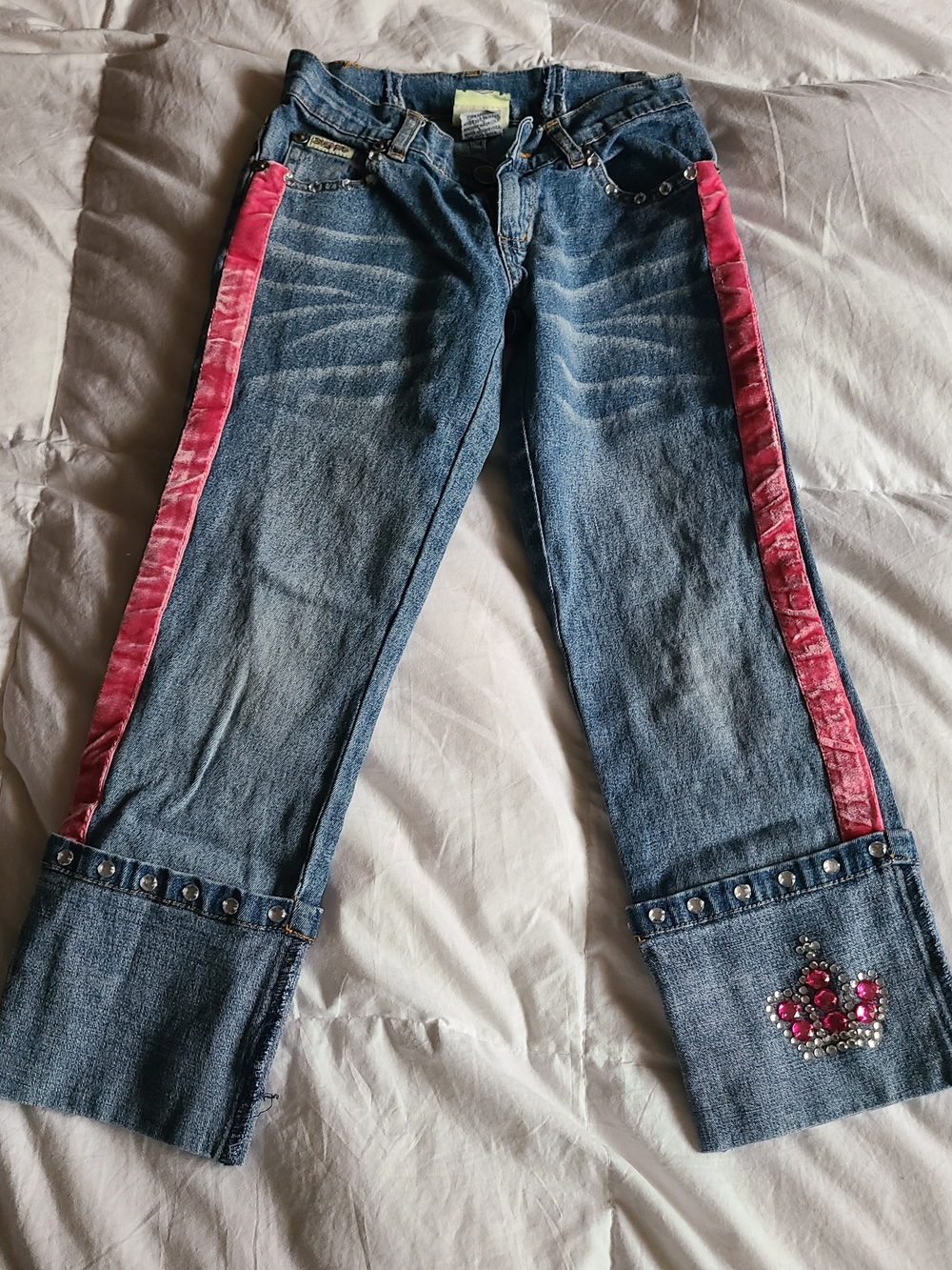 english rose Blue Denim Boot-Cut Jeans with Pink Velvet Stripes